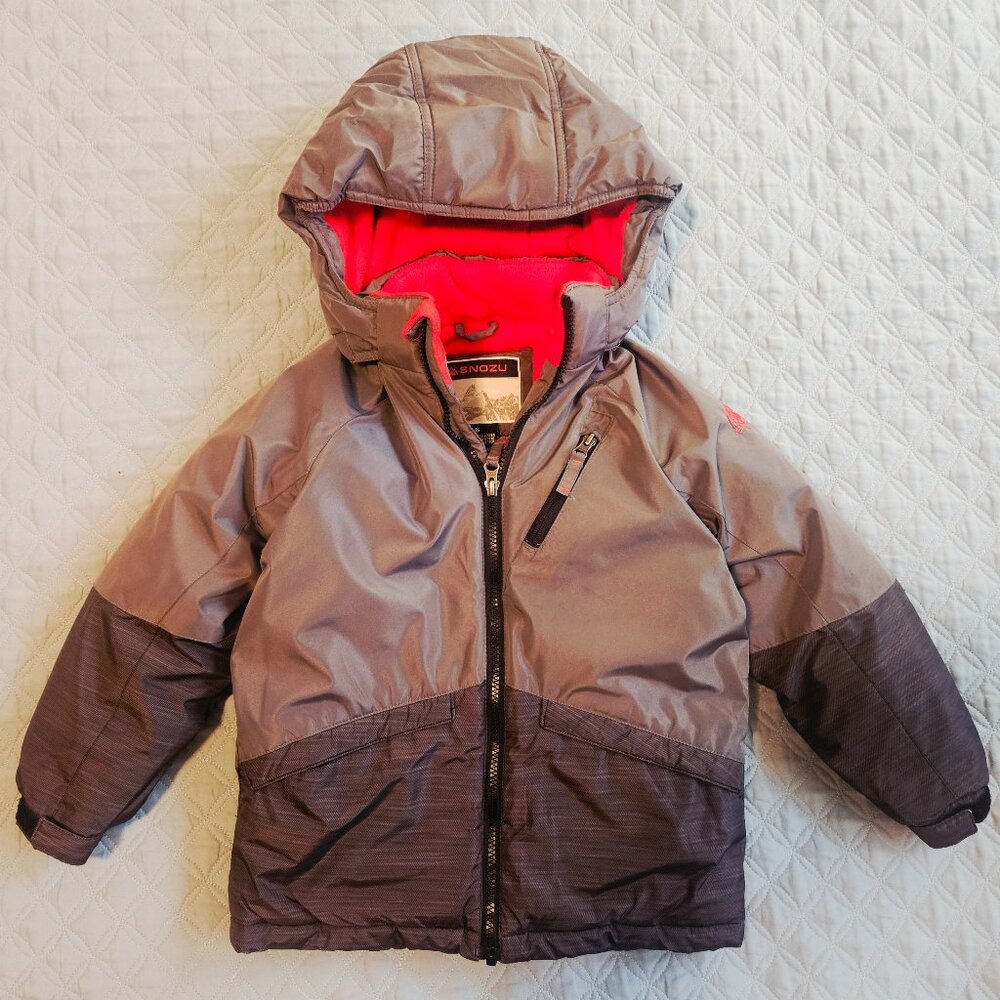 Snozu Kids Winter Jacket Coat Gray Fleece Lining Hood Full Zip Size 6